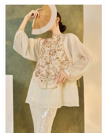 New Chinese Style Embroidered Mesh Shirt | Autumn Light Luxury Elegant Top