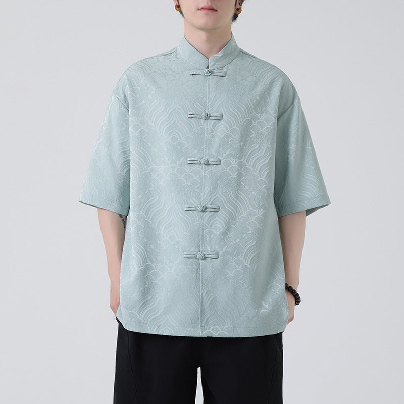 New Chinese Style Tang Shirt — Men’s Short-Sleeve Retro Button-Up Top