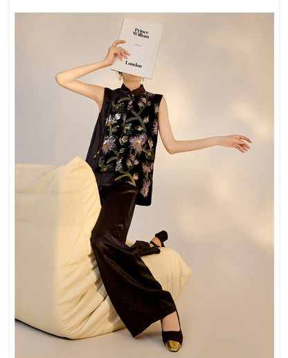 New Chinese Style High-Waist Wide-Leg Acetate Pants for Women