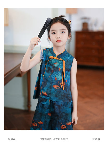 Children’s Summer Hanfu — Floral Top & Comfortable Wide-Leg Pants