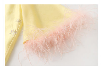 New Chinese Embroidered Feather Sleeve Patchwork Top & Skirt Set