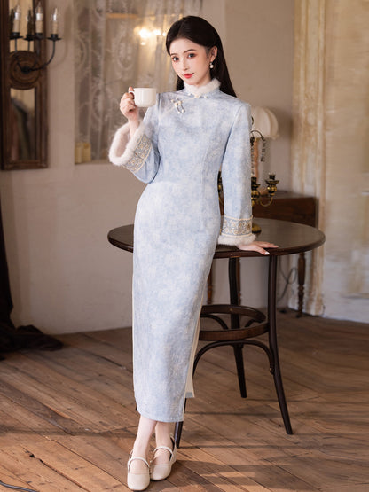 Gentle Brightening Cheongsam | New Chinese Style Winter Thickened Fleece Dress
