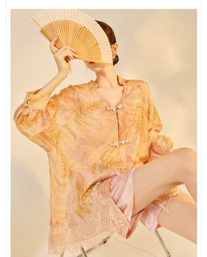 Autumn Chinese Style Lace Patchwork Shirt | Slim Embroidered V-Collar Top