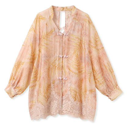 Autumn Chinese Style Lace Patchwork Shirt | Slim Embroidered V-Collar Top