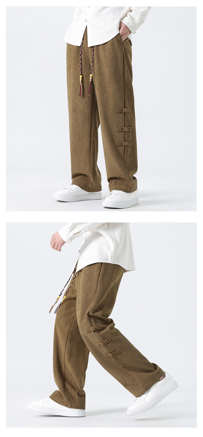 Chinese Style Mens Button Corduroy Pants Large Size Casual Sweatpants