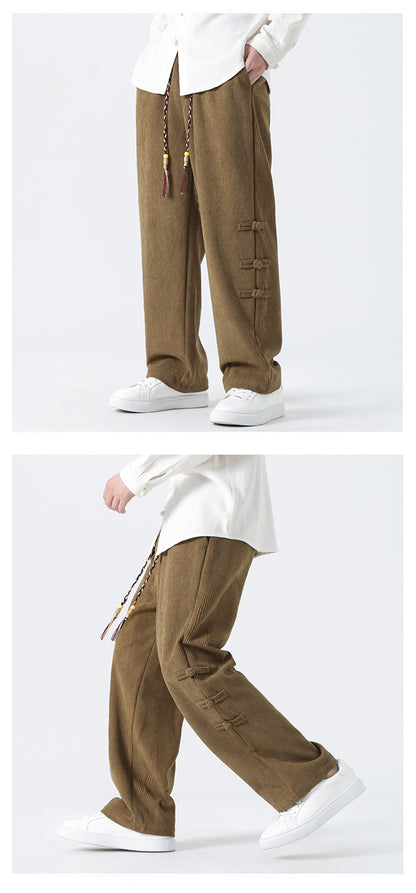 Chinese Style Mens Button Corduroy Pants Large Size Casual Sweatpants