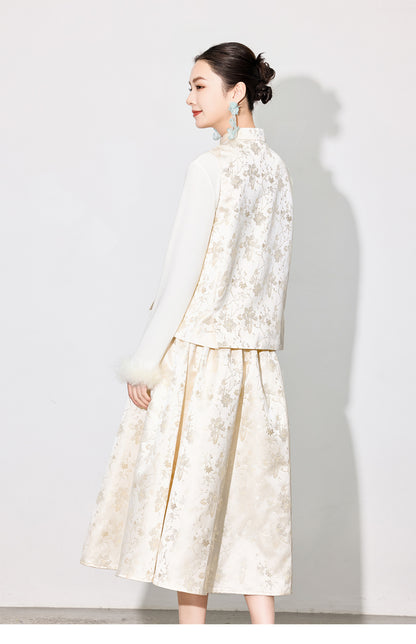 Elegant Jacquard Sleeveless Vest & A-Line Skirt Two-Piece Set