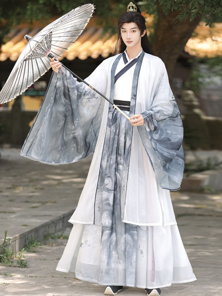 Oriental Ancient Drama Hanfu Costume Mens White Ink Print Daily Wear