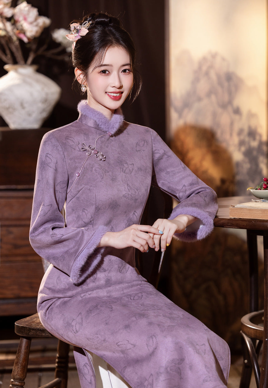 2025 New Chinese Cheongsam – Youthful Elegant Purple Winter Dress
