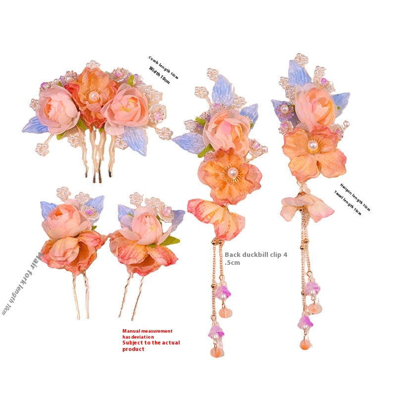 Hanfu Hair Accessories Pink Silk Flower Hairpin Tassel Side Clip