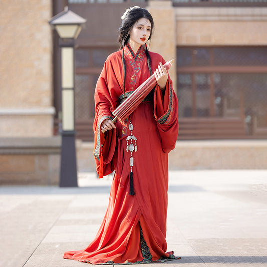 Warring States Hanfu — Straight Skirt Robe with Large Volume Tail for Women