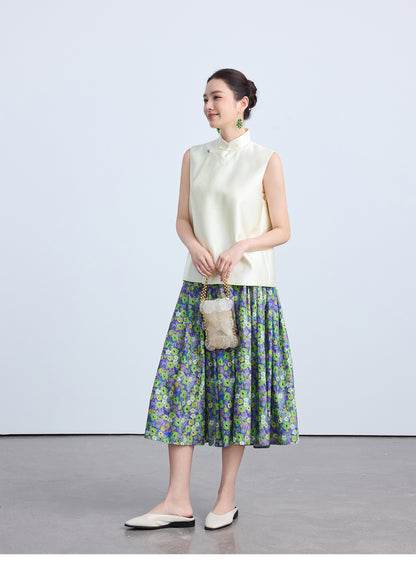 High-End Green Floral Midi Skirt with Elastic Waist