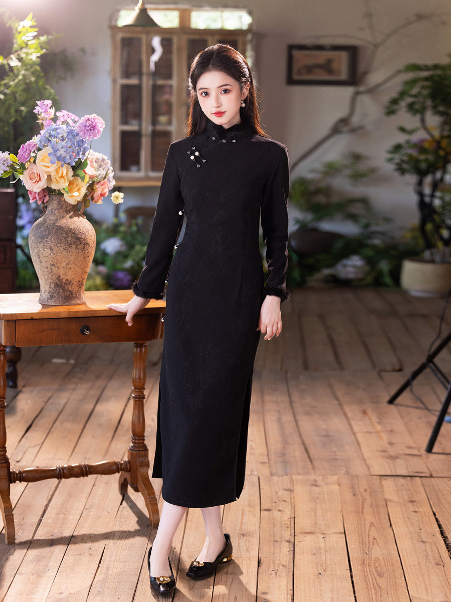 2025 New Black Thickened Cheongsam | Elegant Daily Warm Winter Dress