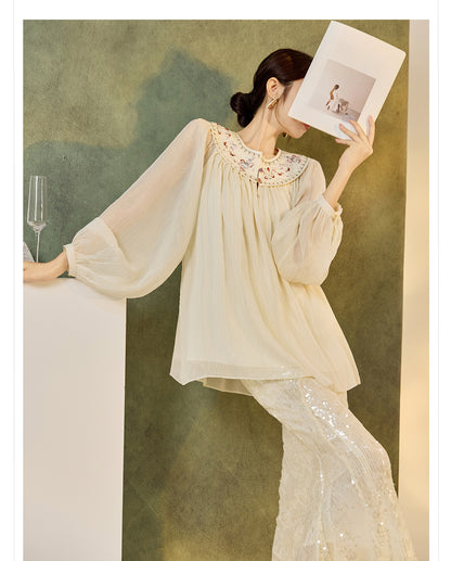 New Chinese Style Embroidered Mesh Shirt | Autumn Light Luxury Elegant Top