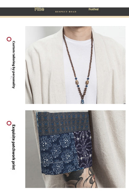 Summer Chinese Hanfu Cardigan Men’s Cotton Linen Patchwork Robe