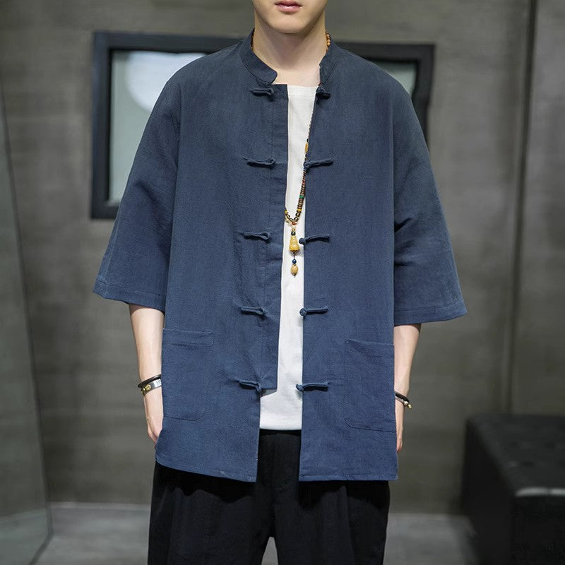 Summer Chinese Cotton Linen Shirt Men Casual Thin Youth Trend Top