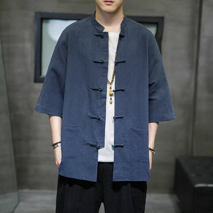 Summer Chinese Cotton Linen Shirt Men Casual Thin Youth Trend Top