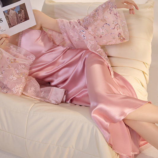 French Style Pink 3D Rose Acetate Strap Dress Elegant Long Gown