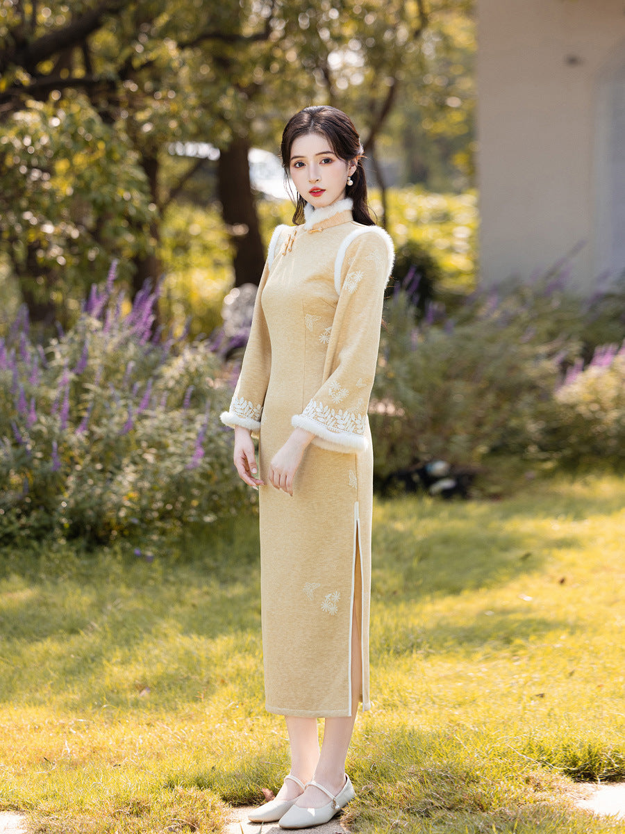 Long Sleeve Crystal Velvet Qipao | Winter Thickened Fleece Lined Dress