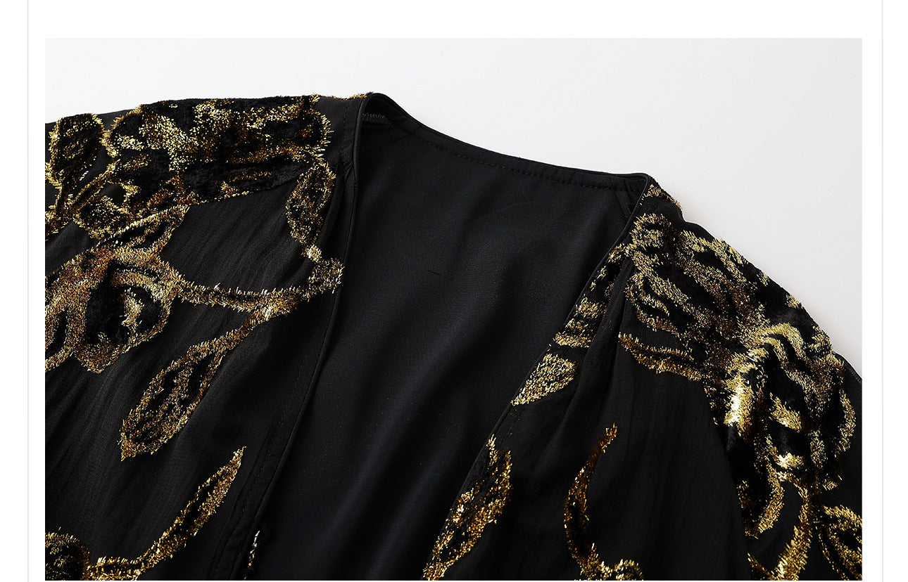 Velvet Burnout Jacket & Printed Cardigan Dress Set for Autumn