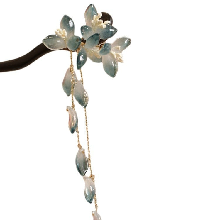 Ink Blue Magnolia Hairpin | New Chinese Style Elegant Wooden Accessory