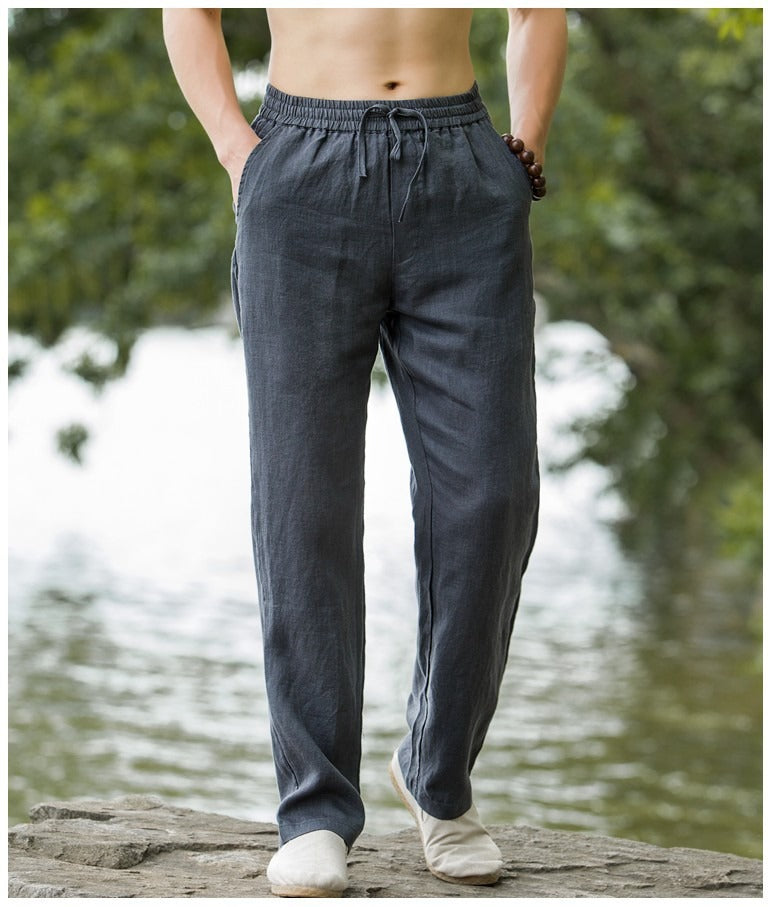Mens Summer Thin Breathable Linen Pants Cotton Linen Wide Leg Casual