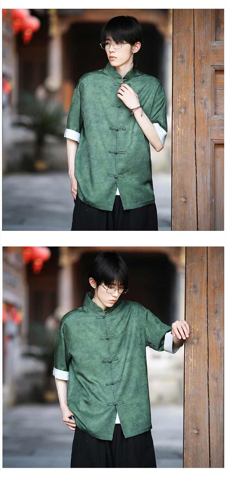 Summer Chinese Tang Suit Shirt Mens Stand Collar Short Sleeve Hanfu