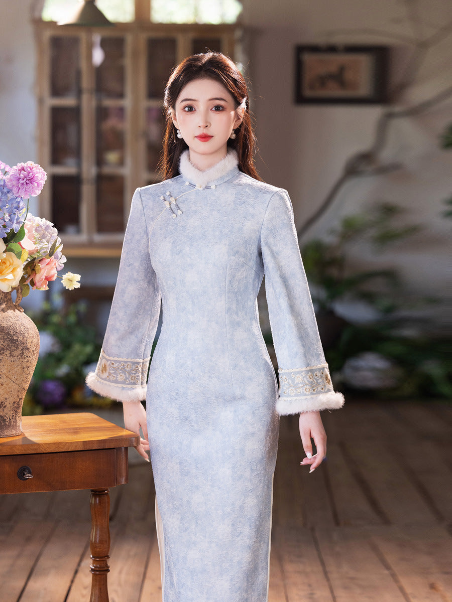Gentle Brightening Cheongsam | New Chinese Style Winter Thickened Fleece Dress