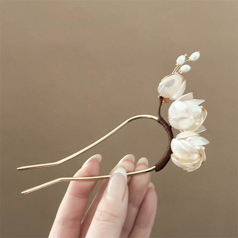 U Hairpin Glass White Magnolia Chinese Style Forest Fairy Cheongsam Accessory