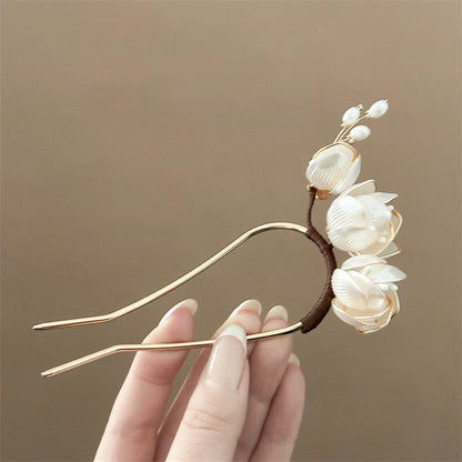 U Hairpin Glass White Magnolia Chinese Style Forest Fairy Cheongsam Accessory