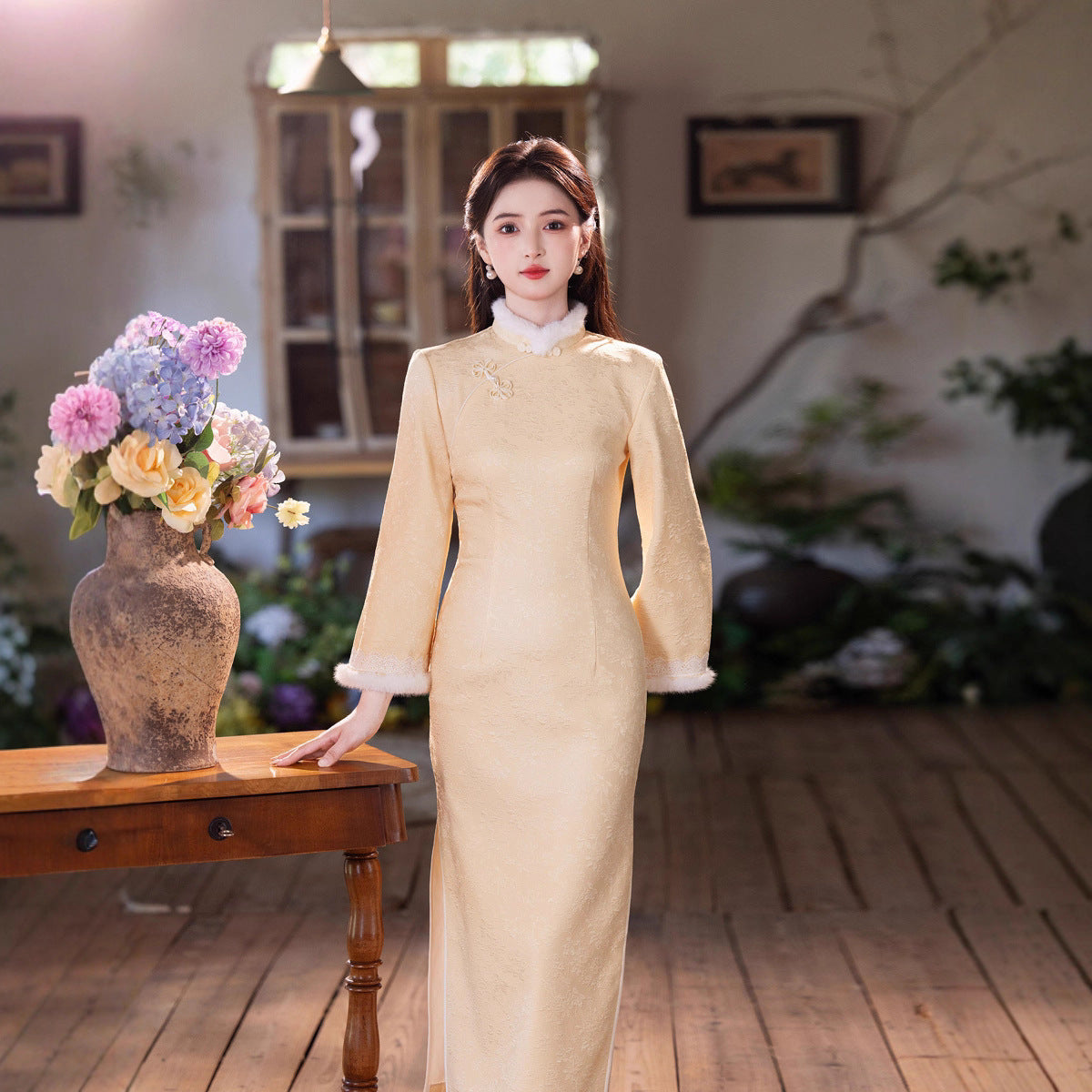 Yellow Fleece-Lined Winter Qipao | Thickened Long-Sleeve Retro Dress 2025