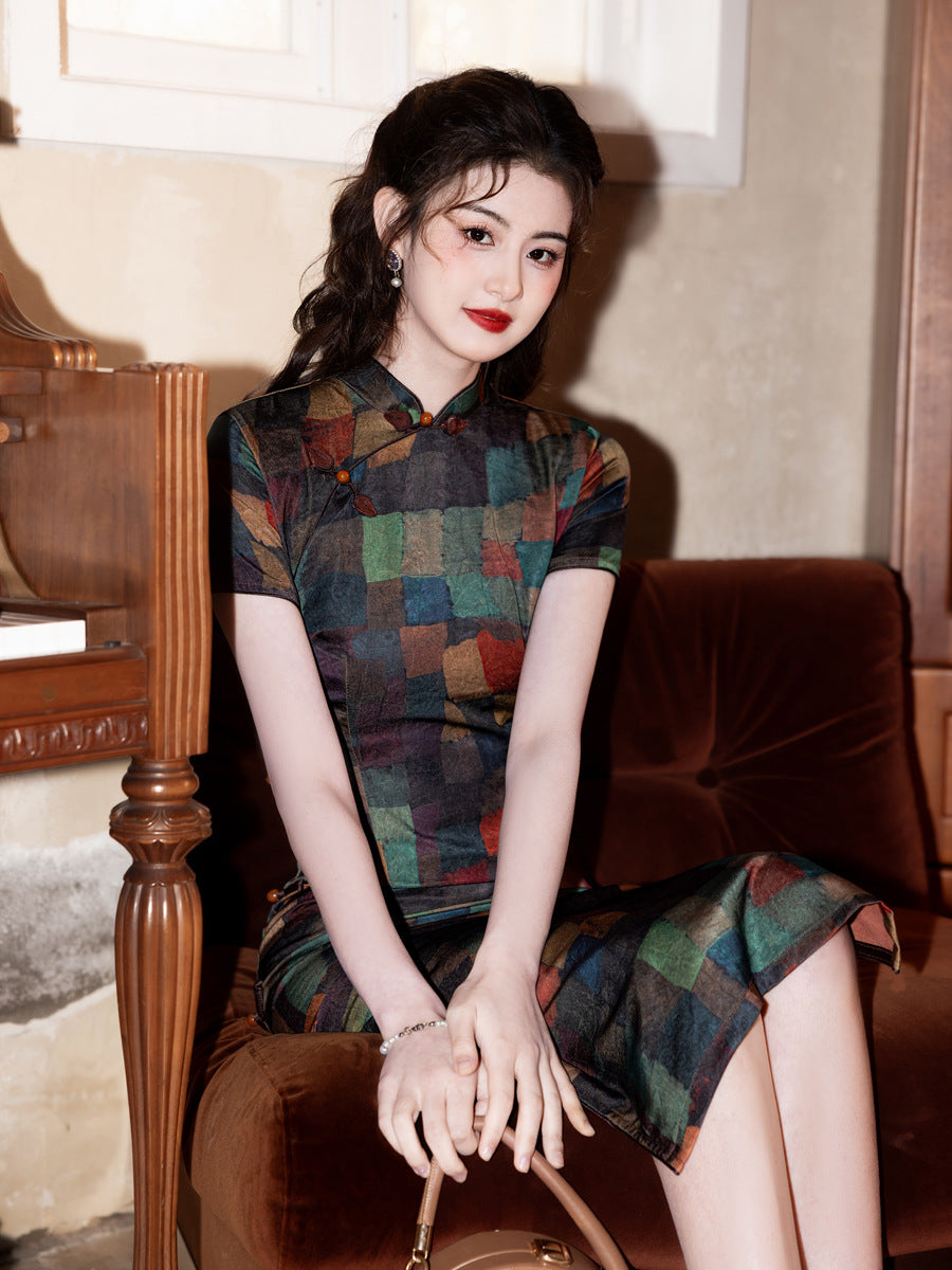 High-End Summer Cheongsam – Plaid Short Sleeve Elegant Dress