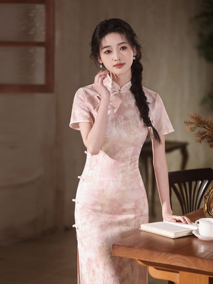 National Style Long Cheongsam – Elegant Short Sleeve Dress