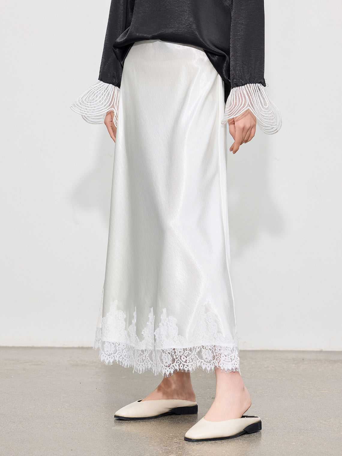 Elegant High-Waist Satin Lace Patchwork Skirt