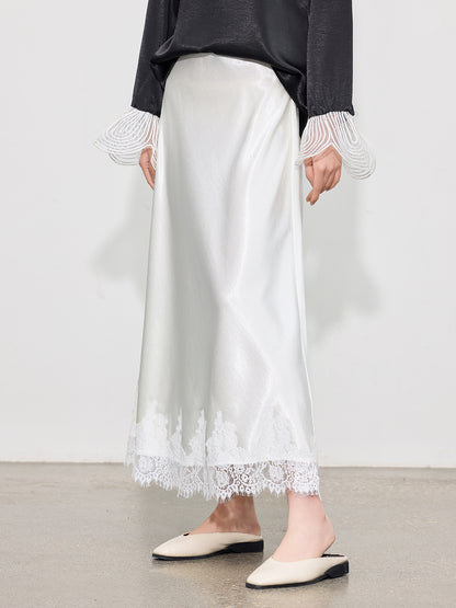 Elegant High-Waist Satin Lace Patchwork Skirt