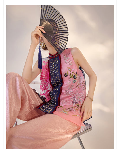 2026 New Chinese Embroidered Colorblock Mulberry Silk Vest Top
