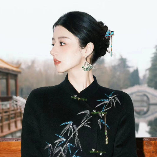 Ancient Style Imitation Jade Burnt Blue Butterfly Double Sided Hairpin