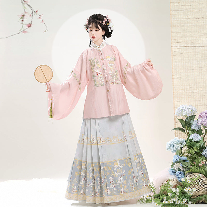 Trees of Sea Ming Hanfu Set Adult Stand Collar Embroidered Pipa Sleeve Horse Face Skirt