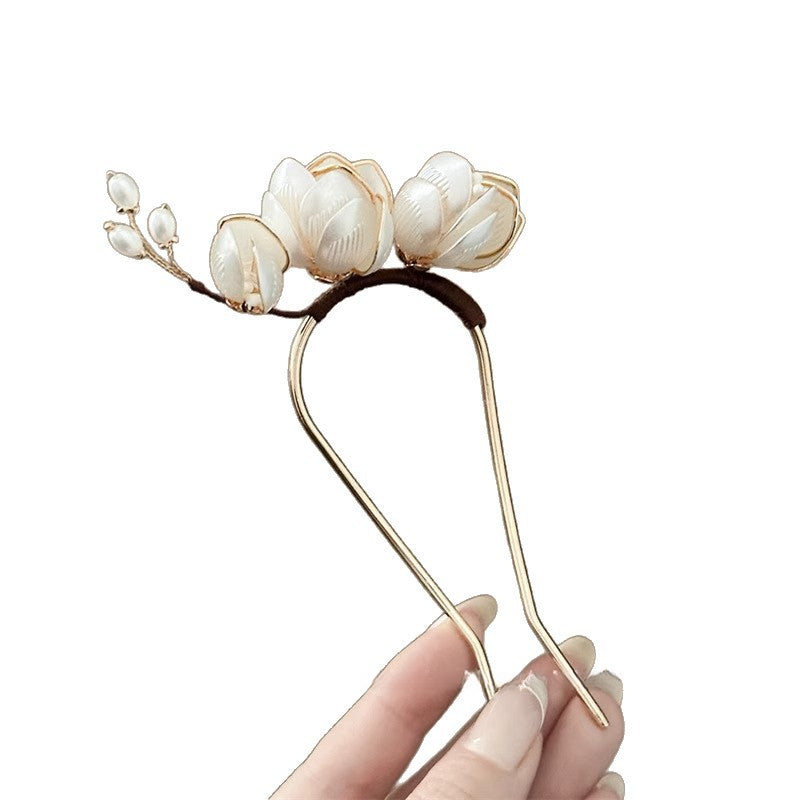 U Hairpin Glass White Magnolia Chinese Style Forest Fairy Cheongsam Accessory