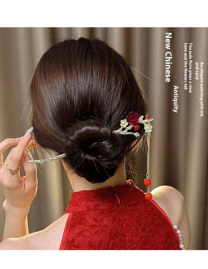 Velvet Rose Hairpin | Elegant Chinese Style Ancient Tassel Ornament