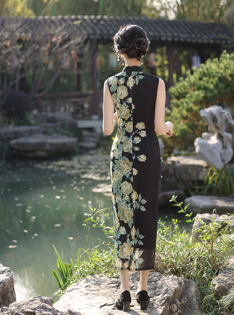 Elegant Dark Green Cheongsam – Retro Spring High-End Dress