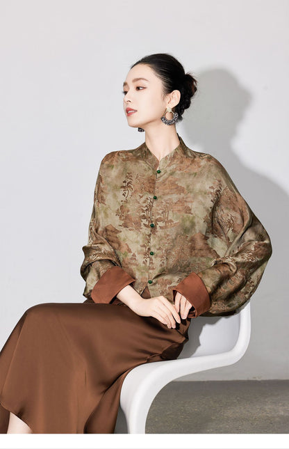 Stylish National Style Jacquard Blouse for Women