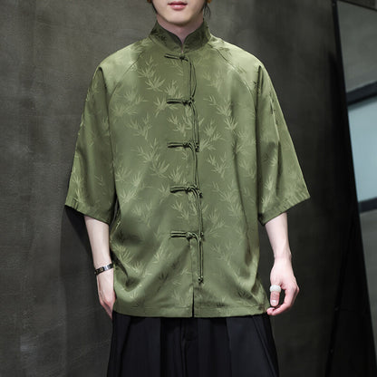 Summer Chinese Style Ice Silk Jacquard Tang Shirt Mens Stand Collar Top