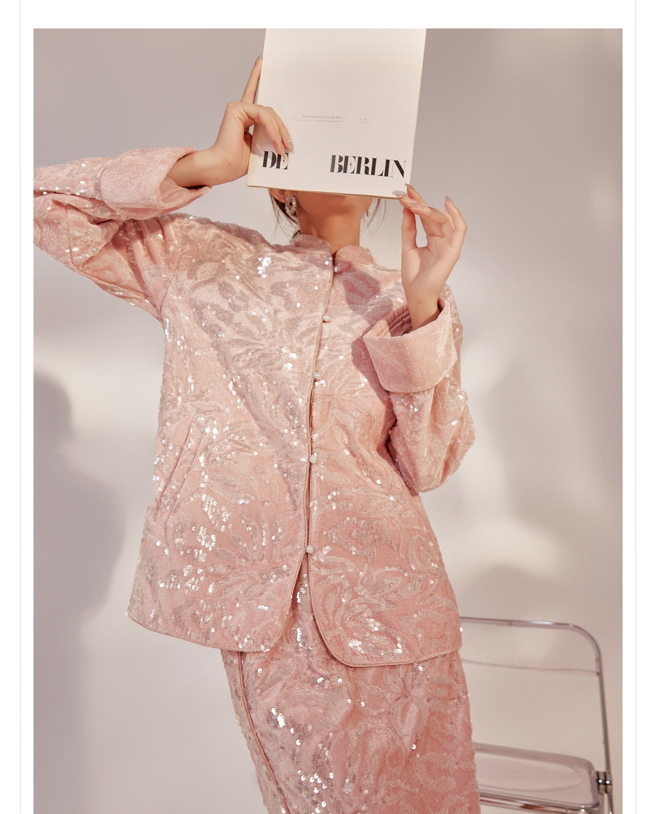 New Chinese Satin Floral Sequin Button Light Luxury Loose Coat