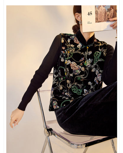 Elegant Velvet Floral Sequin Vest – High-End Women's Fashion