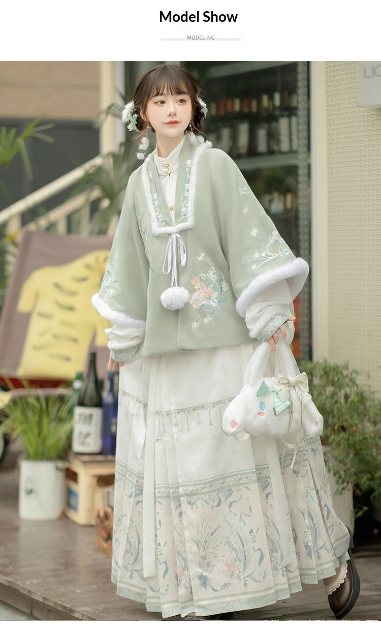 Trees of Sea Women Ming Hanfu Set: Fleece Lined Embroidered Collared Jacket & Horse Face Skirt New Year Outfit