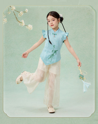 Children’s Chinese Summer Set — Shirt Top & Loose Wide-Leg Pants