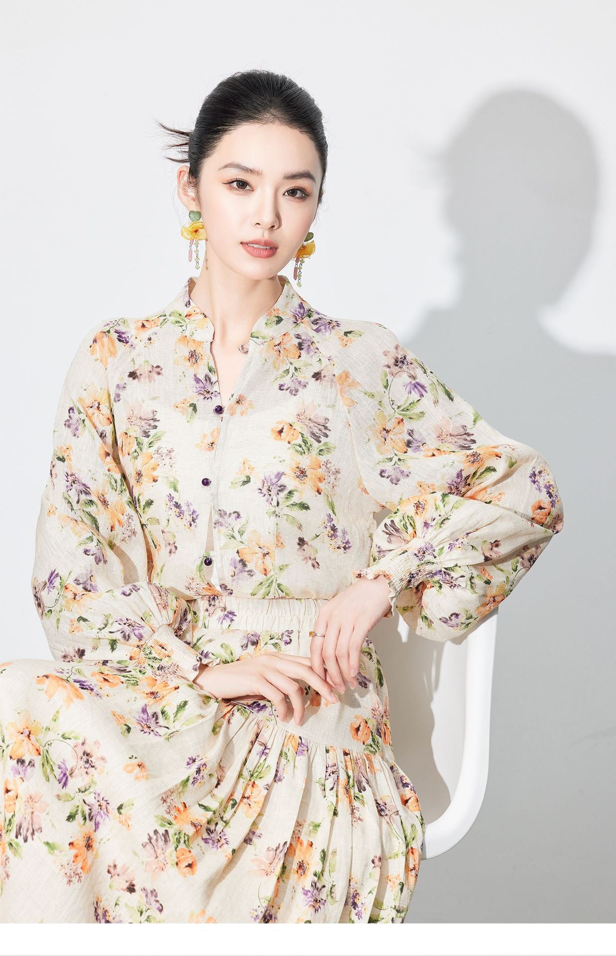 National Style Linen Floral Shirt & Skirt Two-Piece Set