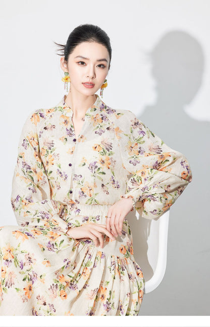 National Style Linen Floral Shirt & Skirt Two-Piece Set