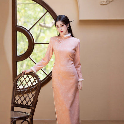 2025 Pink Velvet Cheongsam | New Chinese Style Warm Winter Dress